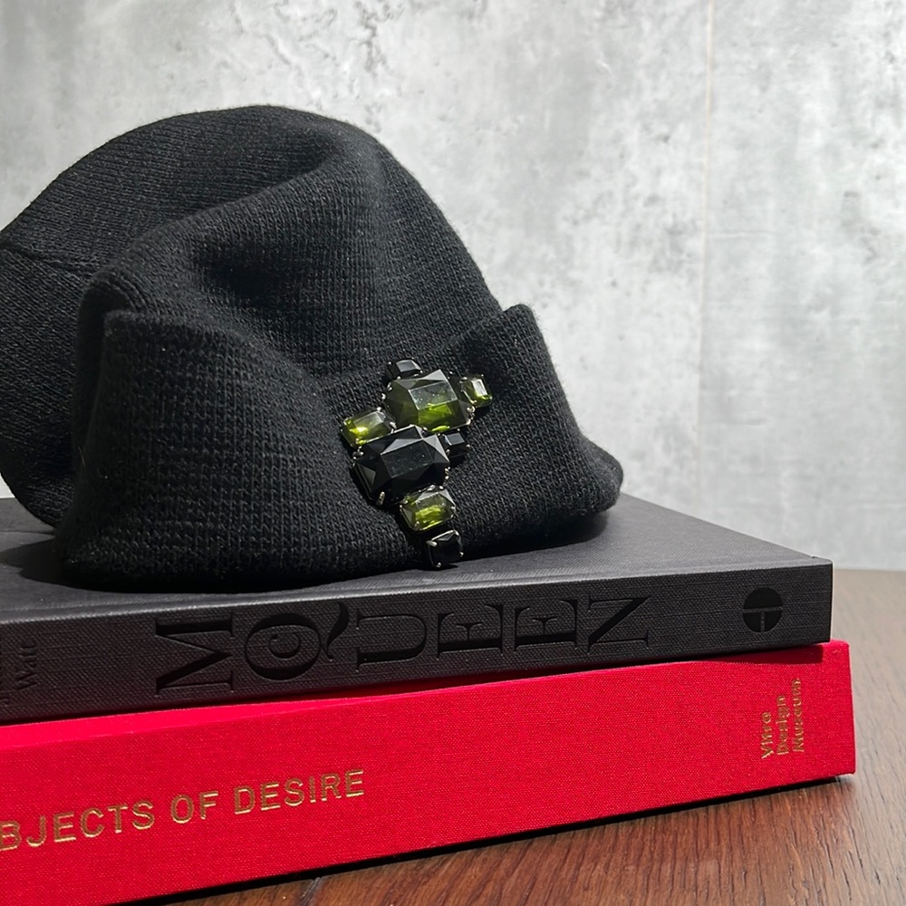 Black Beanie Hat with Black and Green Rhinestone Detail - Picture 2 of 4